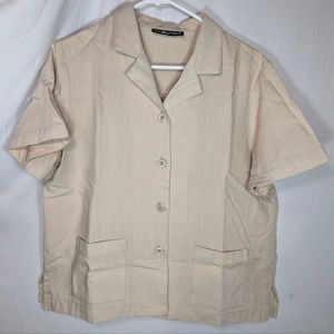 Cream Collared Button Up Short Sleeve Top Pockets Blazer Linen Women's Junior L